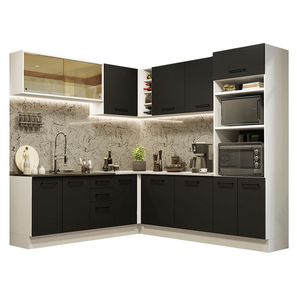 Cozinha Completa de Canto Madesa Agata 459001 com Armário e Balcão (Sem Tampo e Pia) - Branco/Preto