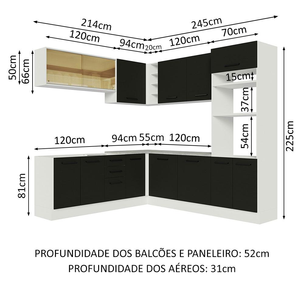 Cozinha Completa de Canto Madesa Agata 459001 com Armário e Balcão (Sem Tampo e Pia) - Branco/Preto
