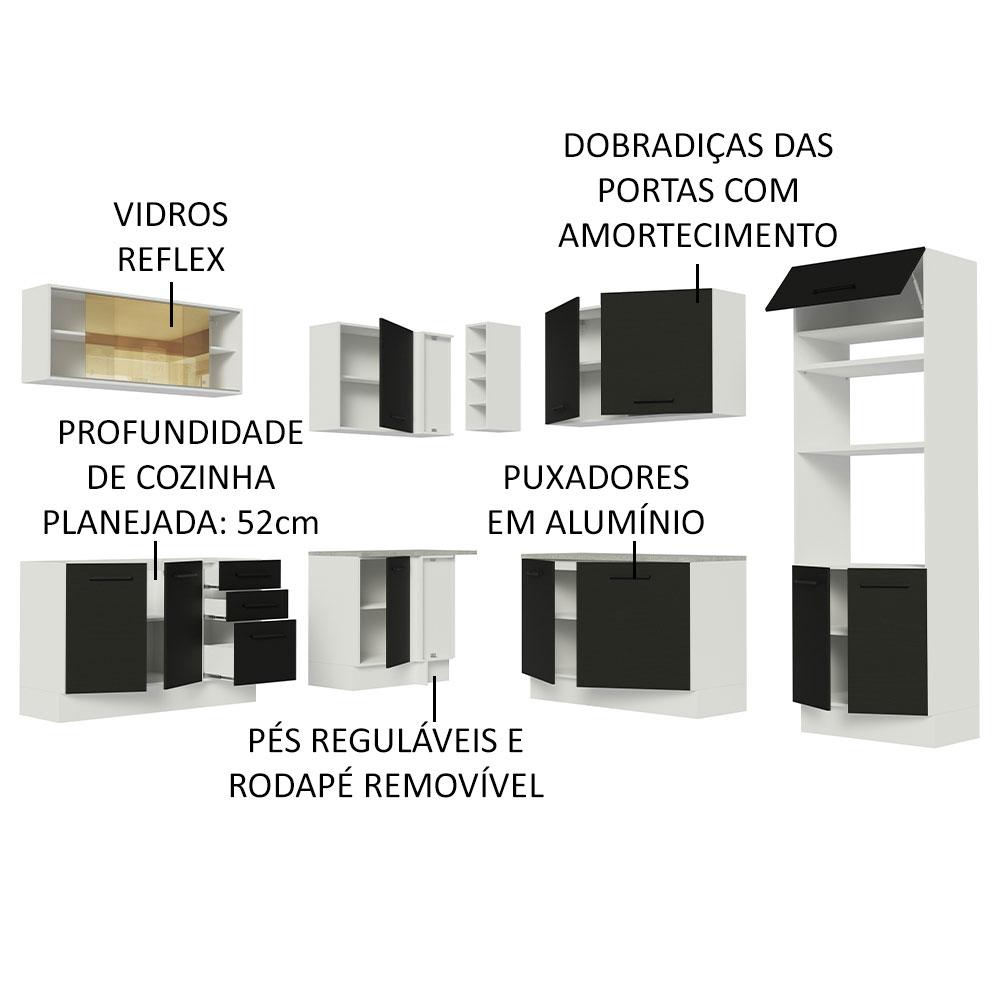 Cozinha Completa de Canto Madesa Agata 459001 com Armário e Balcão (Sem Tampo e Pia) - Branco/Preto