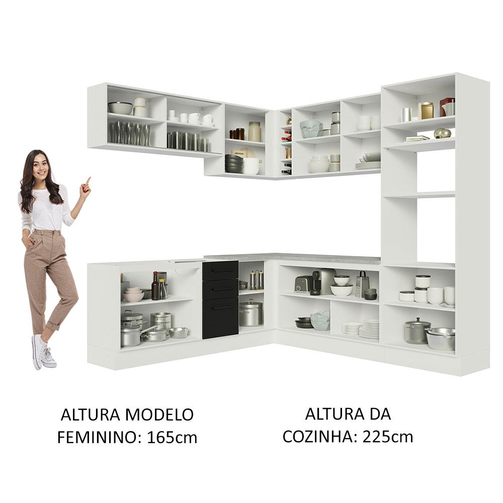 Cozinha Completa de Canto Madesa Agata 459001 com Armário e Balcão (Sem Tampo e Pia) - Branco/Preto