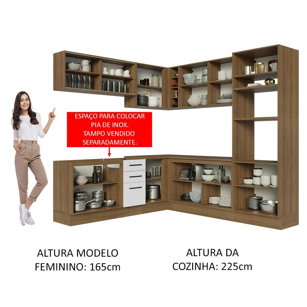 Cozinha Completa de Canto Madesa Agata 459001 com Armário e Balcão (Sem Tampo e Pia) - Rustic/Branco