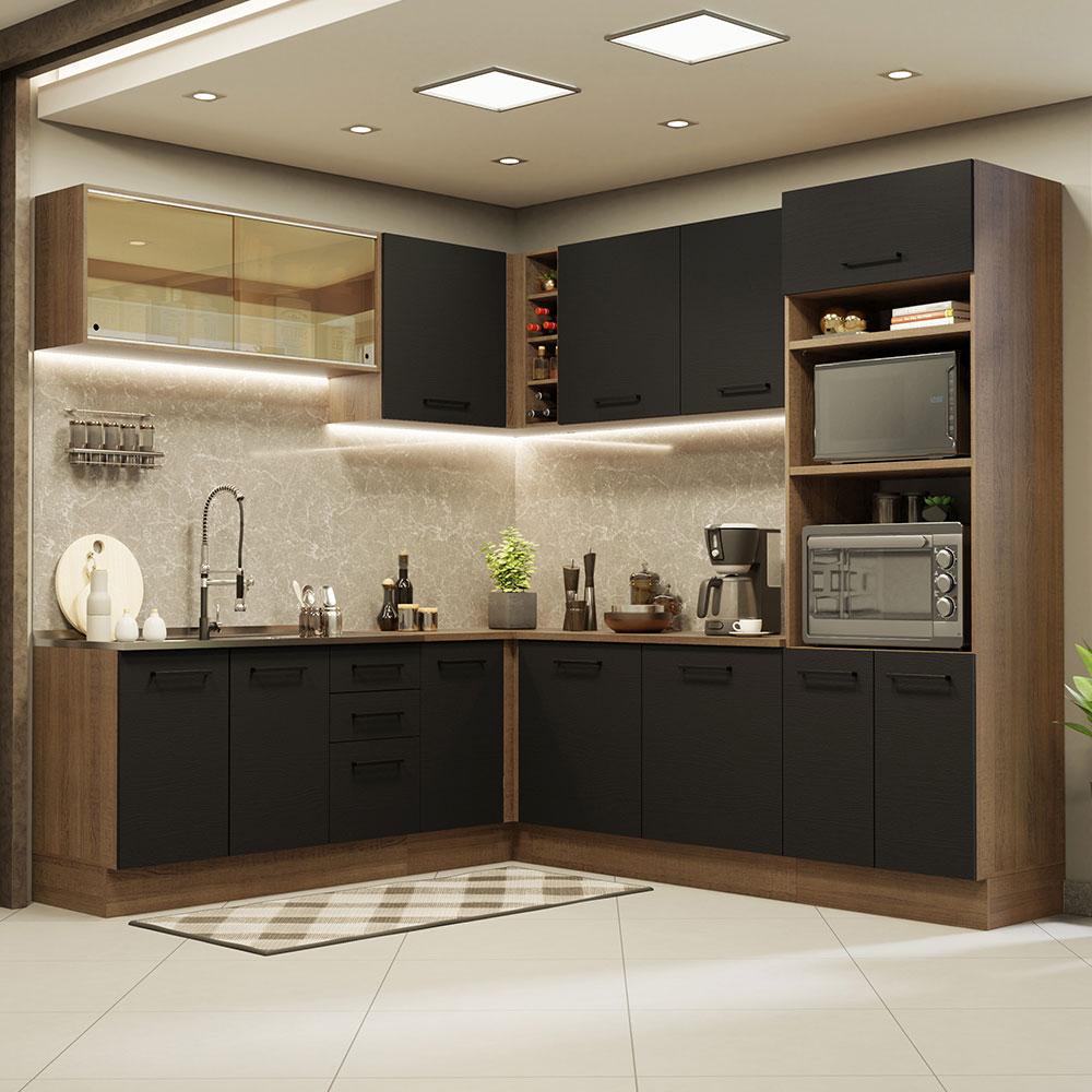 Cozinha Completa de Canto Madesa Agata 459001 com Armário e Balcão (Sem Tampo e Pia) - Rustic/Preto
