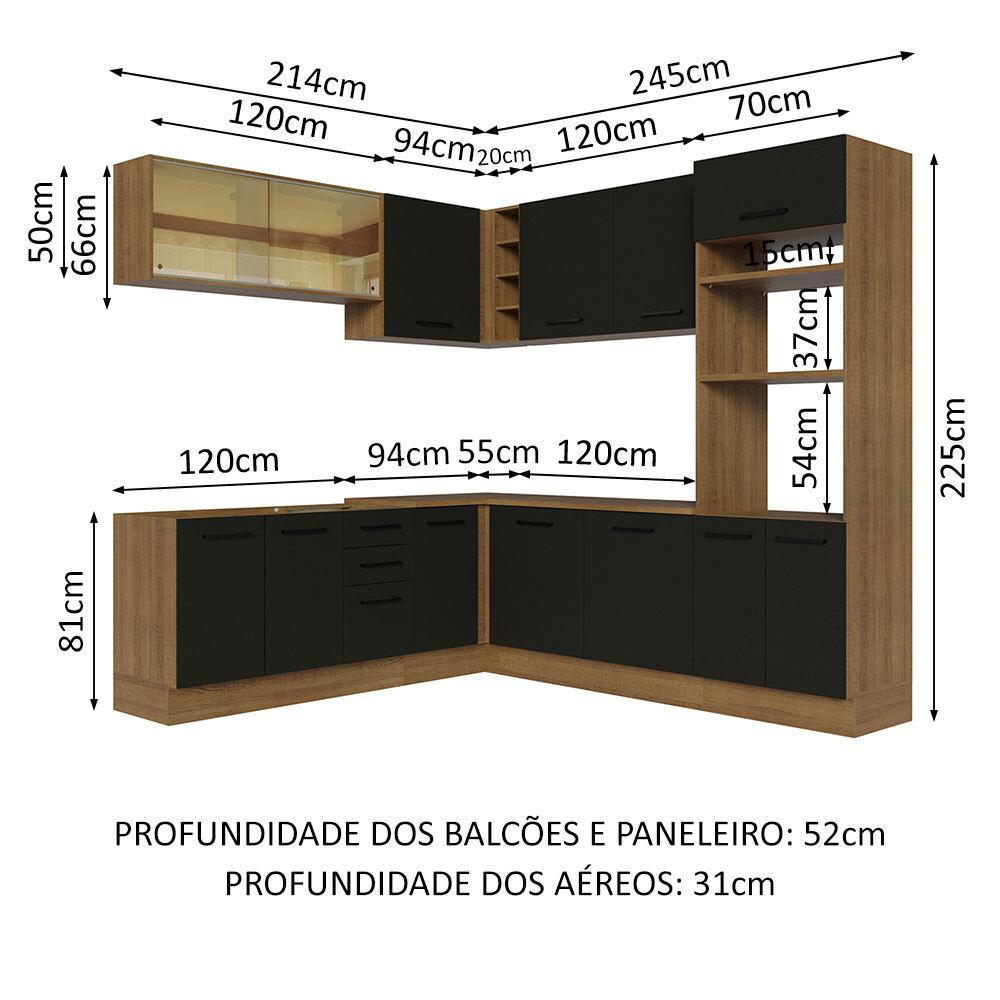 Cozinha Completa de Canto Madesa Agata 459001 com Armário e Balcão (Sem Tampo e Pia) - Rustic/Preto