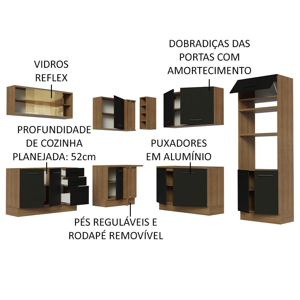 Cozinha Completa de Canto Madesa Agata 459001 com Armário e Balcão (Sem Tampo e Pia) - Rustic/Preto