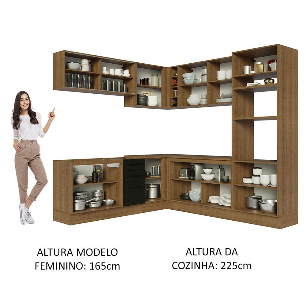 Cozinha Completa de Canto Madesa Agata 459001 com Armário e Balcão (Sem Tampo e Pia) - Rustic/Preto