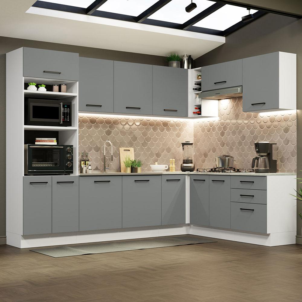 Cozinha Completa de Canto Madesa Agata 479001 com Armário e Balcão (Sem Tampo e Pia) - Branco/Cinza