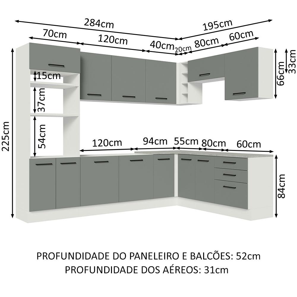 Cozinha Completa de Canto Madesa Agata 479001 com Armário e Balcão (Sem Tampo e Pia) - Branco/Cinza