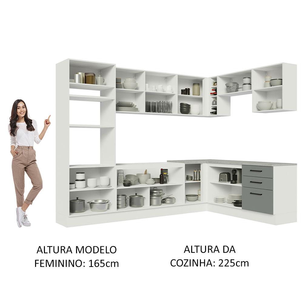 Cozinha Completa de Canto Madesa Agata 479001 com Armário e Balcão (Sem Tampo e Pia) - Branco/Cinza