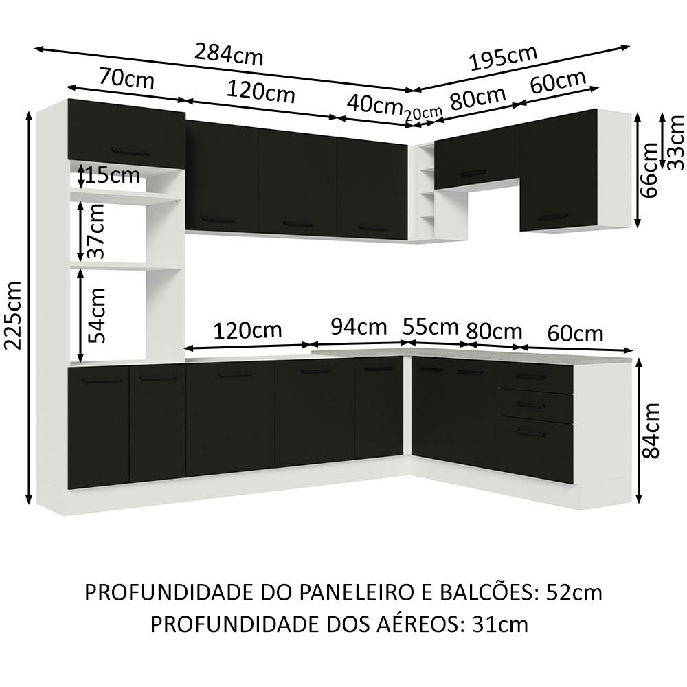 Cozinha Completa de Canto Madesa Agata 479001 com Armário e Balcão (Sem Tampo e Pia) - Branco/Preto
