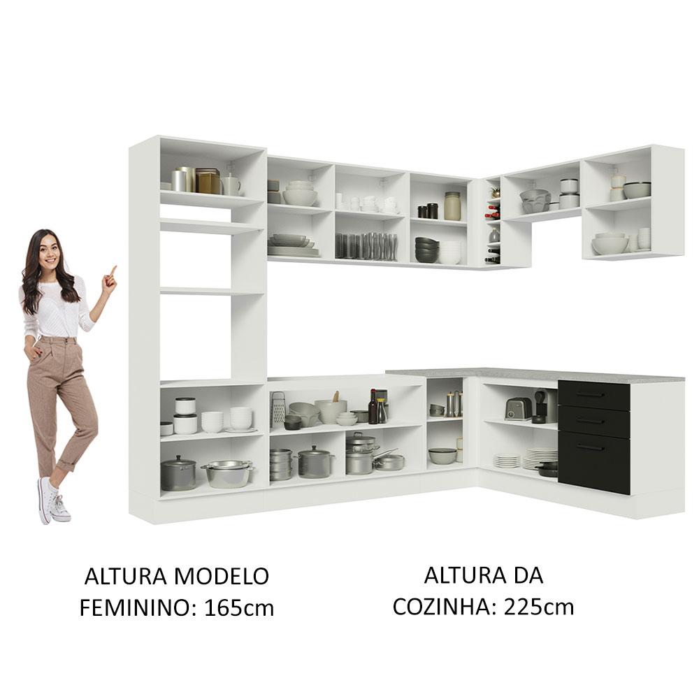 Cozinha Completa de Canto Madesa Agata 479001 com Armário e Balcão (Sem Tampo e Pia) - Branco/Preto