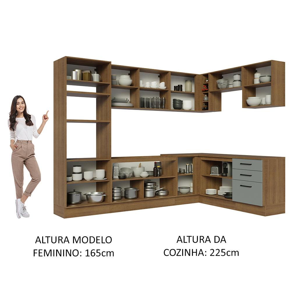 Cozinha Completa de Canto Madesa Agata 479001 com Armário e Balcão (Sem Tampo e Pia) - Rustic/Cinza