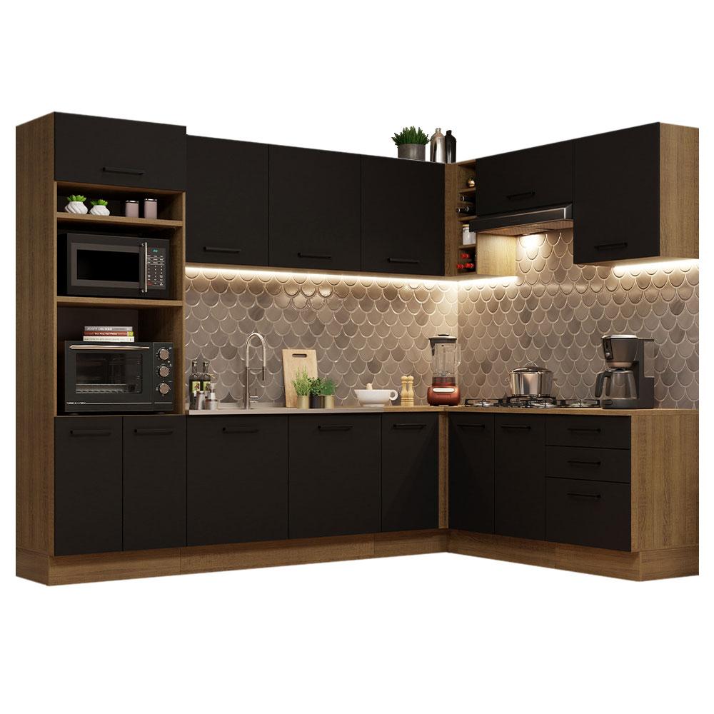 Cozinha Completa de Canto Madesa Agata 479001 com Armário e Balcão (Sem Tampo e Pia) - Rustic/Preto