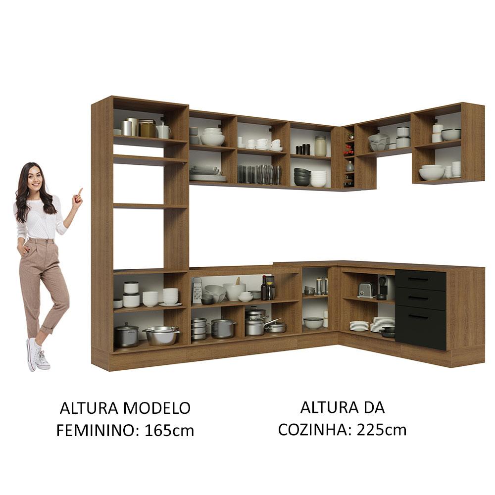 Cozinha Completa de Canto Madesa Agata 479001 com Armário e Balcão (Sem Tampo e Pia) - Rustic/Preto