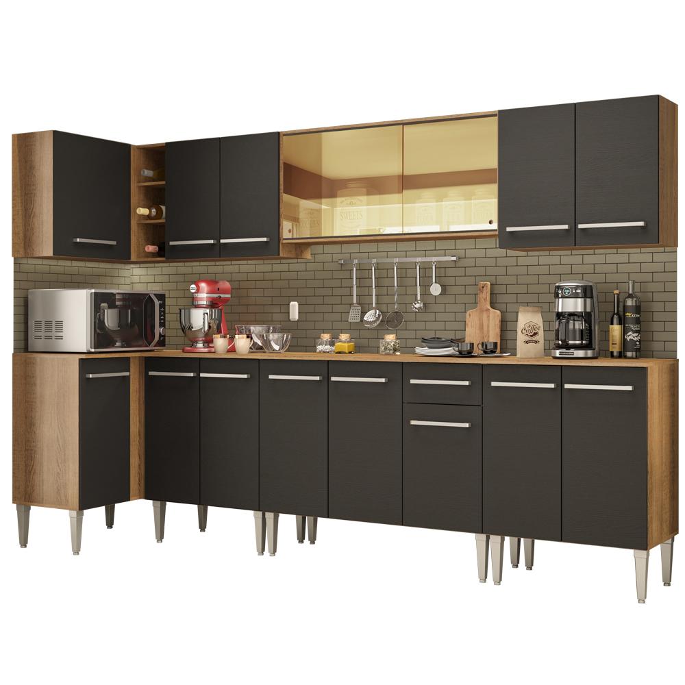 Cozinha Completa de Canto Madesa Emilly Mega com Armário Vidro Reflex e Balcão - Rustic/Preto