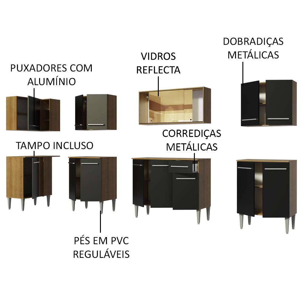 Cozinha Completa de Canto Madesa Emilly Mega com Armário Vidro Reflex e Balcão - Rustic/Preto