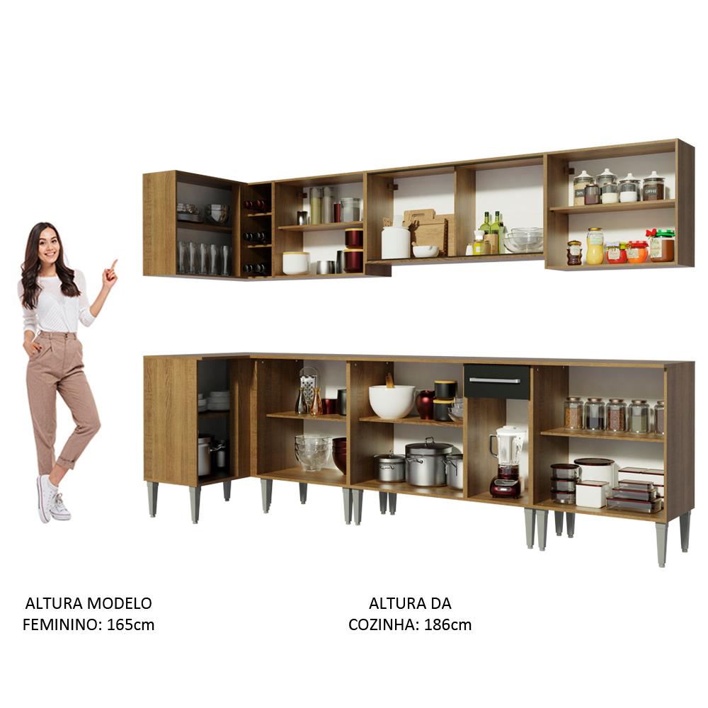 Cozinha Completa de Canto Madesa Emilly Mega com Armário Vidro Reflex e Balcão - Rustic/Preto