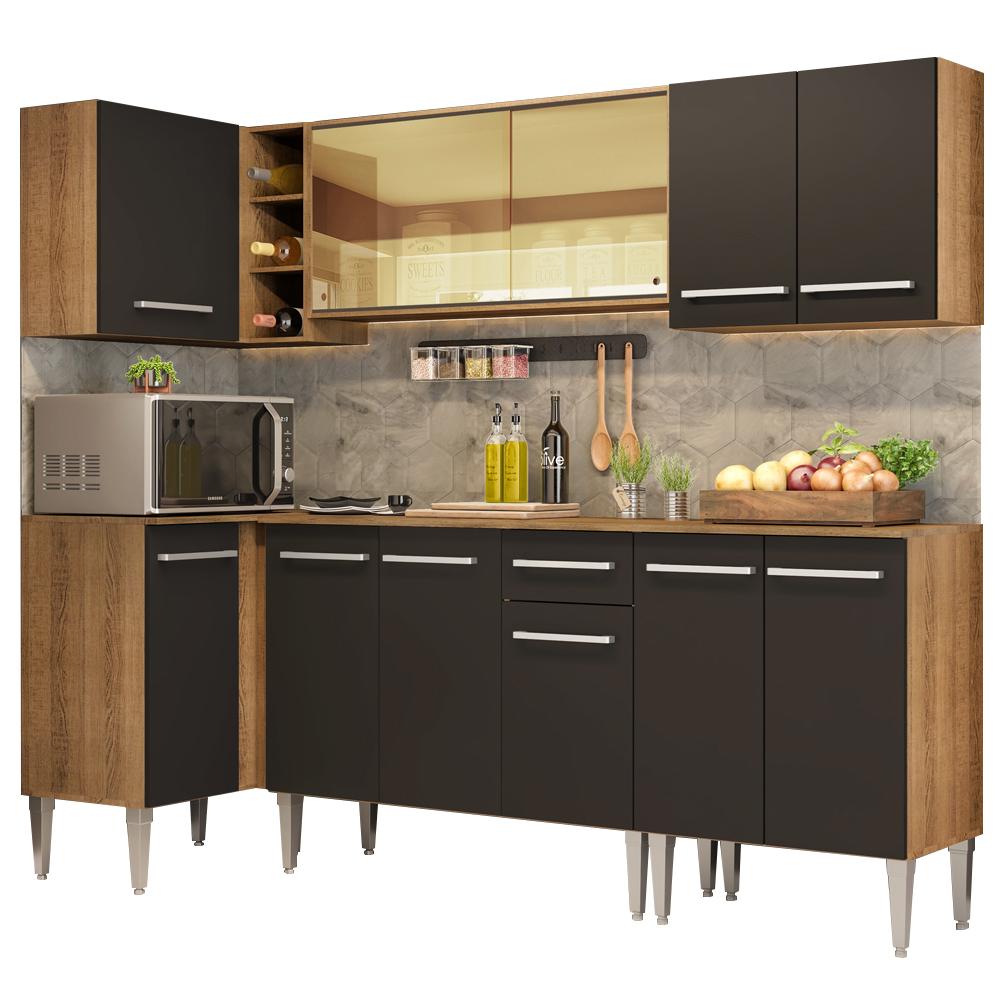 Cozinha Completa de Canto Madesa Emilly Play com Balcão e Armário Vidro Reflex