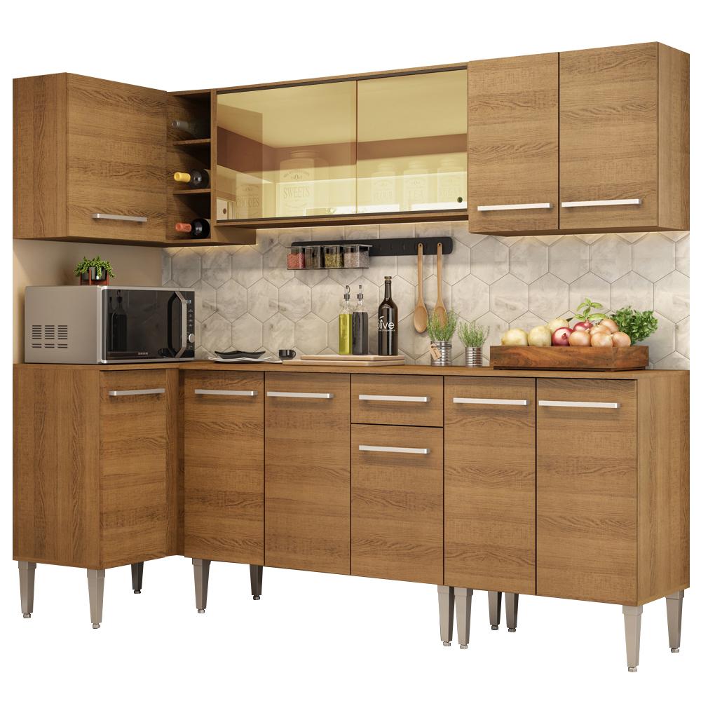 Cozinha Completa de Canto Madesa Emilly Play com Balcão e Armário Vidro Reflex