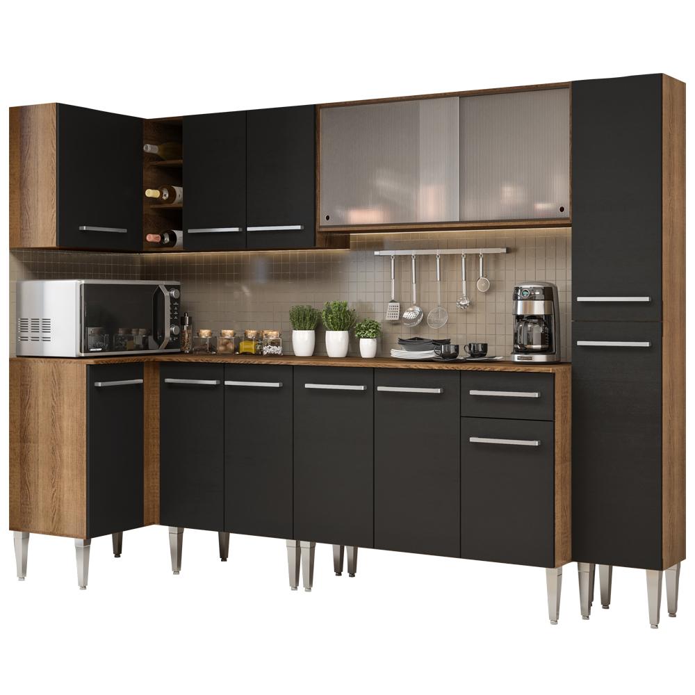 Cozinha Completa de Canto Madesa Emilly Space com Armário de Vidro, Balcão e Paneleiro