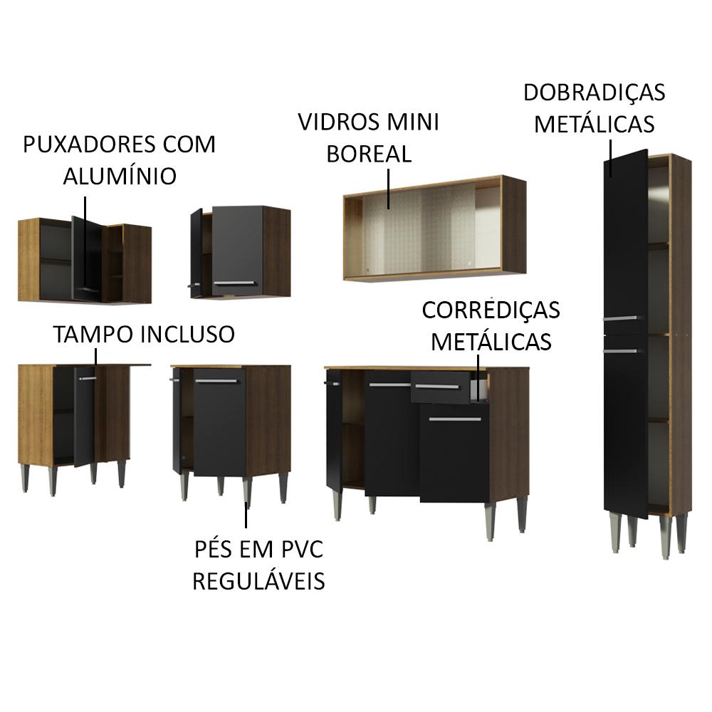 Cozinha Completa de Canto Madesa Emilly Space com Armário de Vidro, Balcão e Paneleiro
