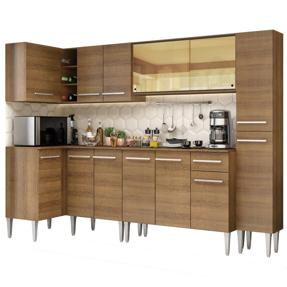 Cozinha Completa de Canto Madesa Emilly Wave com Armário Vidro Reflex, Balcão e Paneleiro