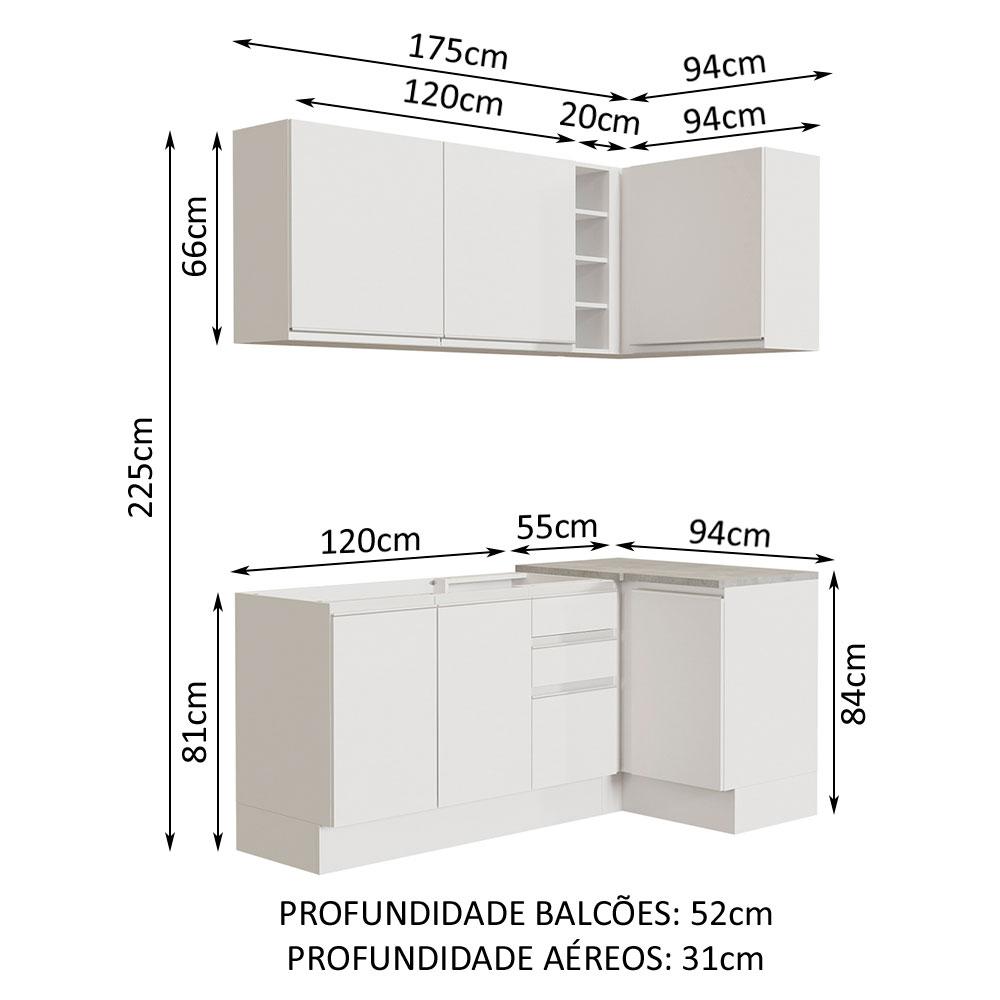 Cozinha Completa de Canto Madesa Glamy 269001 com Armário e Balcão (Sem Tampo e Pia) - Branco