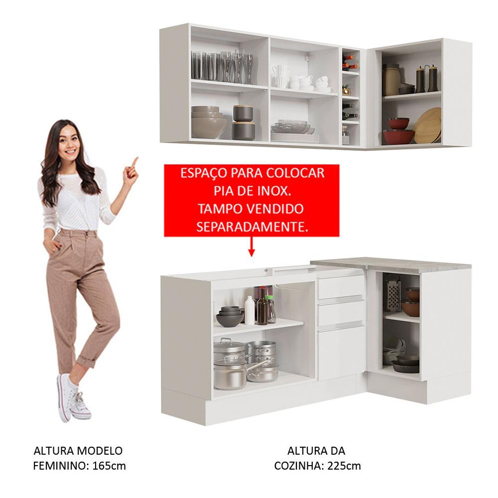 Cozinha Completa de Canto Madesa Glamy 269001 com Armário e Balcão (Sem Tampo e Pia) - Branco