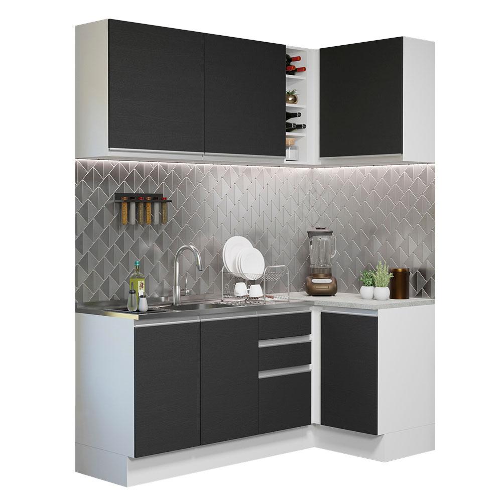 Cozinha Completa de Canto Madesa Glamy 269001 com Armário e Balcão (Sem Tampo e Pia) - Branco/Preto