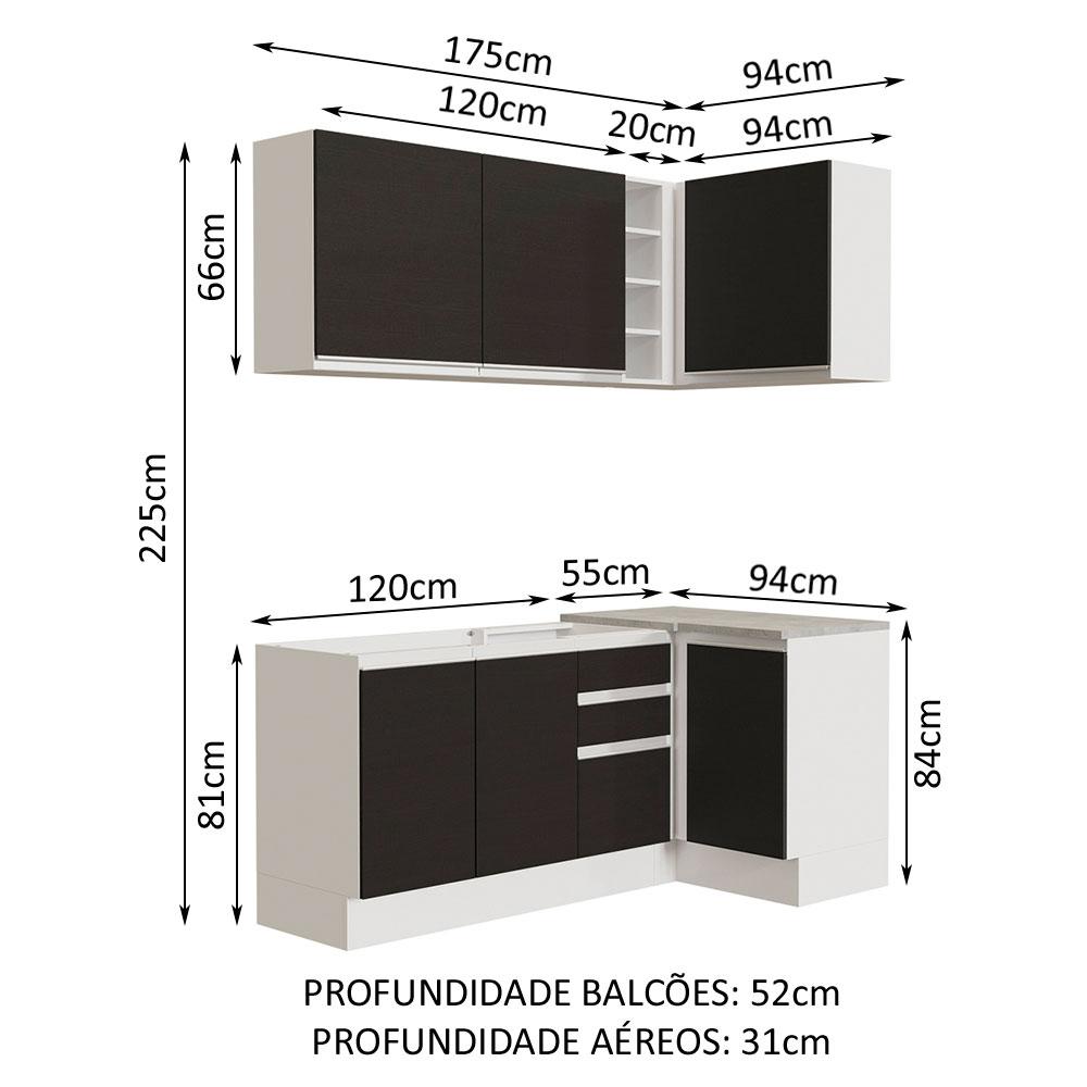 Cozinha Completa de Canto Madesa Glamy 269001 com Armário e Balcão (Sem Tampo e Pia) - Branco/Preto