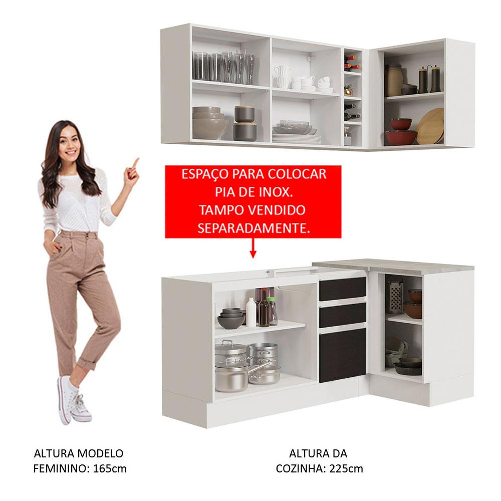 Cozinha Completa de Canto Madesa Glamy 269001 com Armário e Balcão (Sem Tampo e Pia) - Branco/Preto