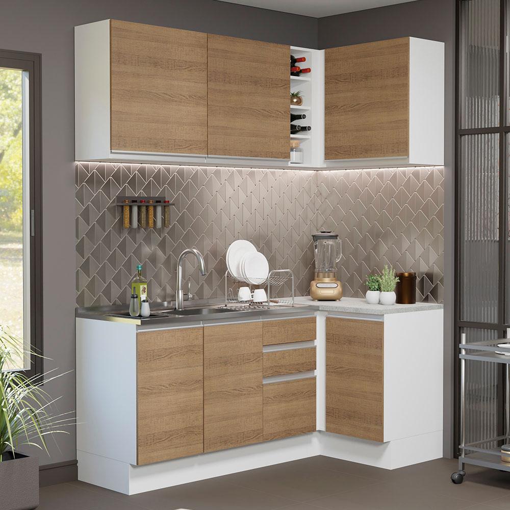 Cozinha Completa de Canto Madesa Glamy 269001 com Armário e Balcão (Sem Tampo e Pia) - Branco/Rustic