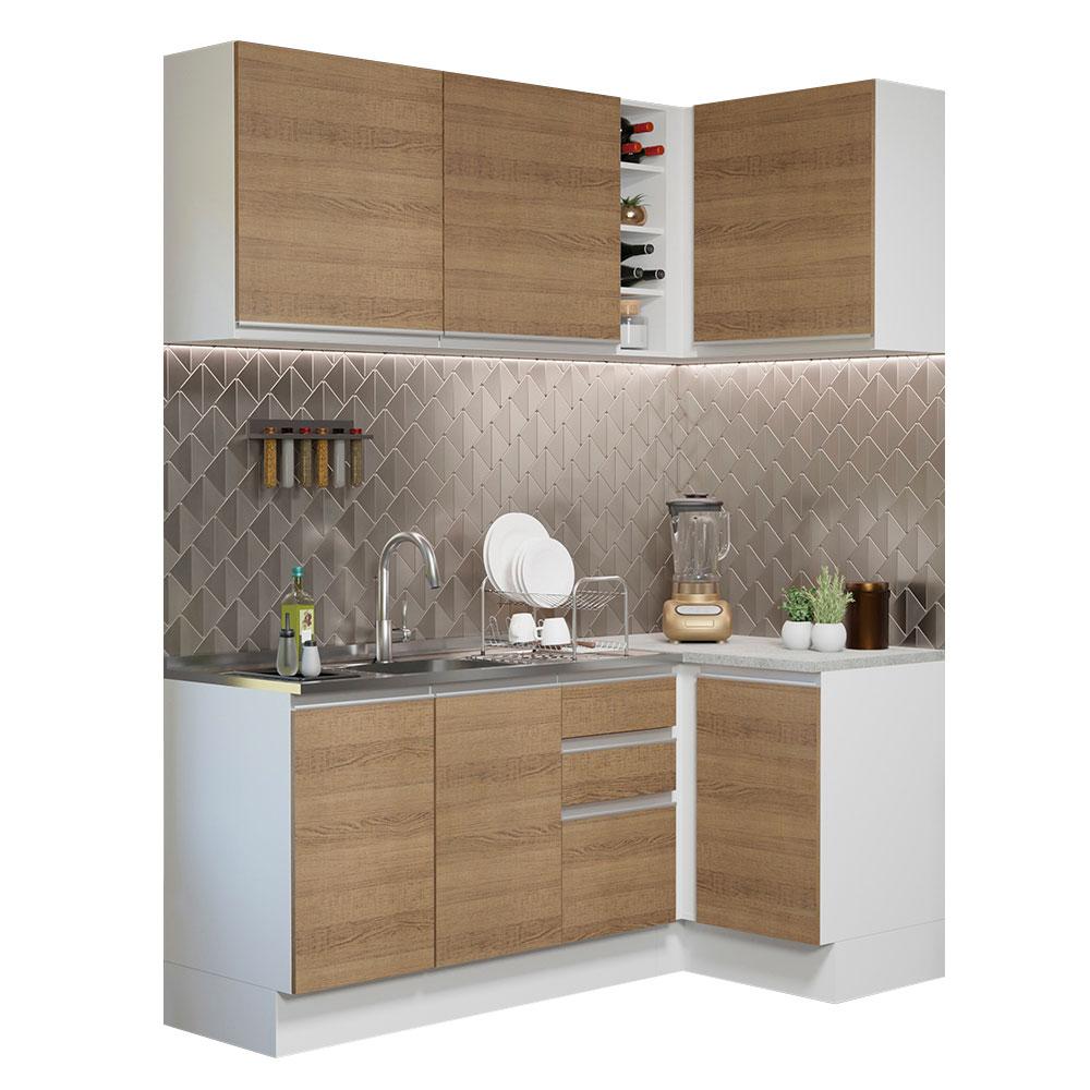 Cozinha Completa de Canto Madesa Glamy 269001 com Armário e Balcão (Sem Tampo e Pia) - Branco/Rustic