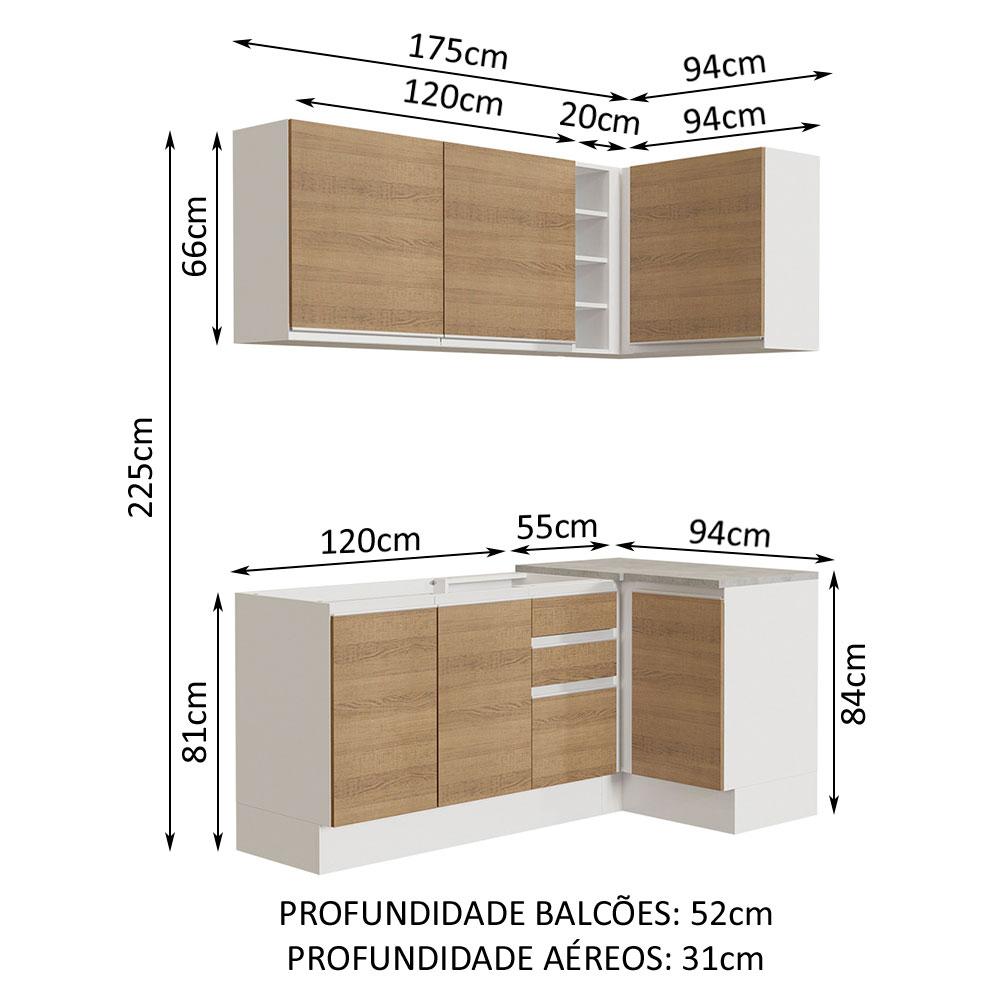 Cozinha Completa de Canto Madesa Glamy 269001 com Armário e Balcão (Sem Tampo e Pia) - Branco/Rustic