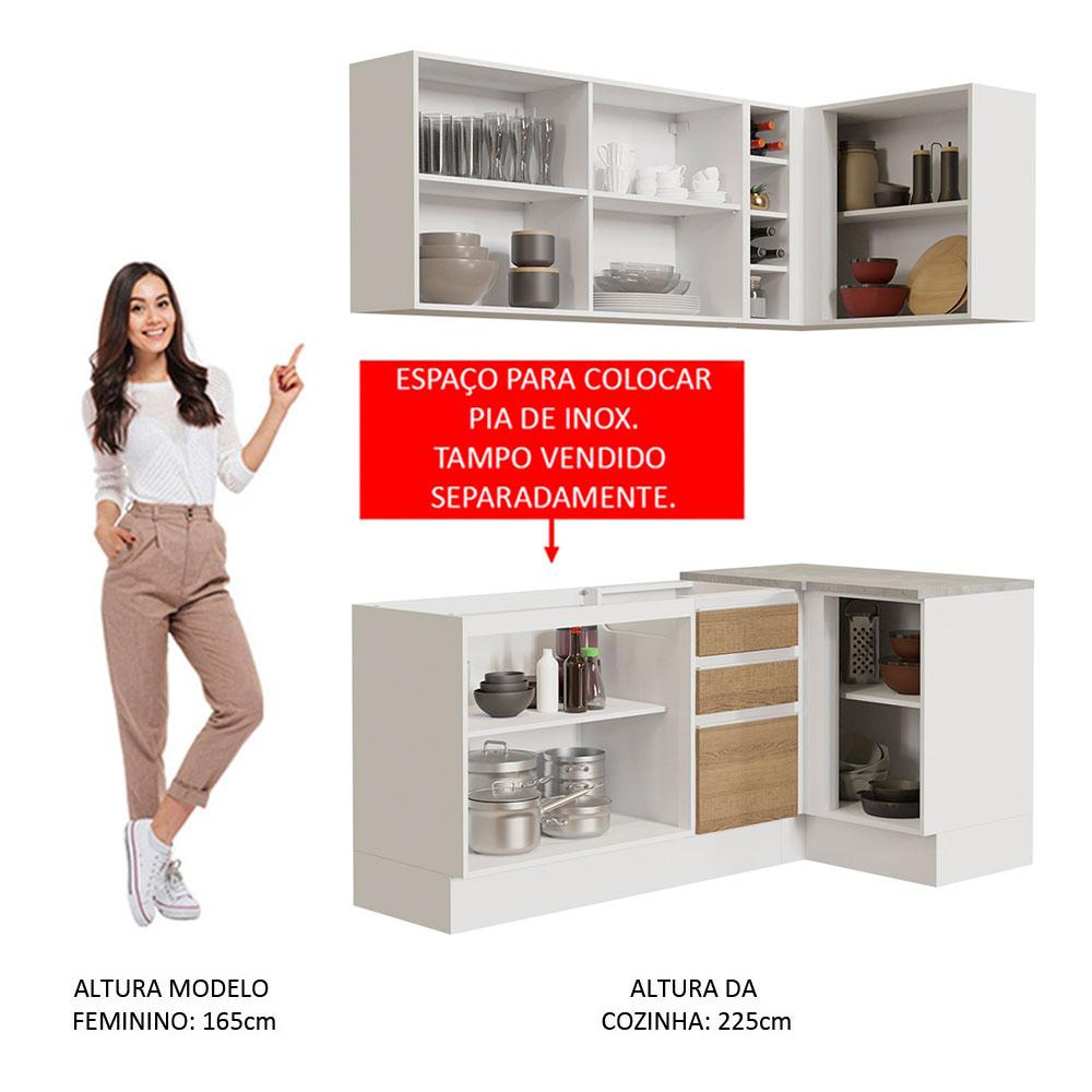 Cozinha Completa de Canto Madesa Glamy 269001 com Armário e Balcão (Sem Tampo e Pia) - Branco/Rustic