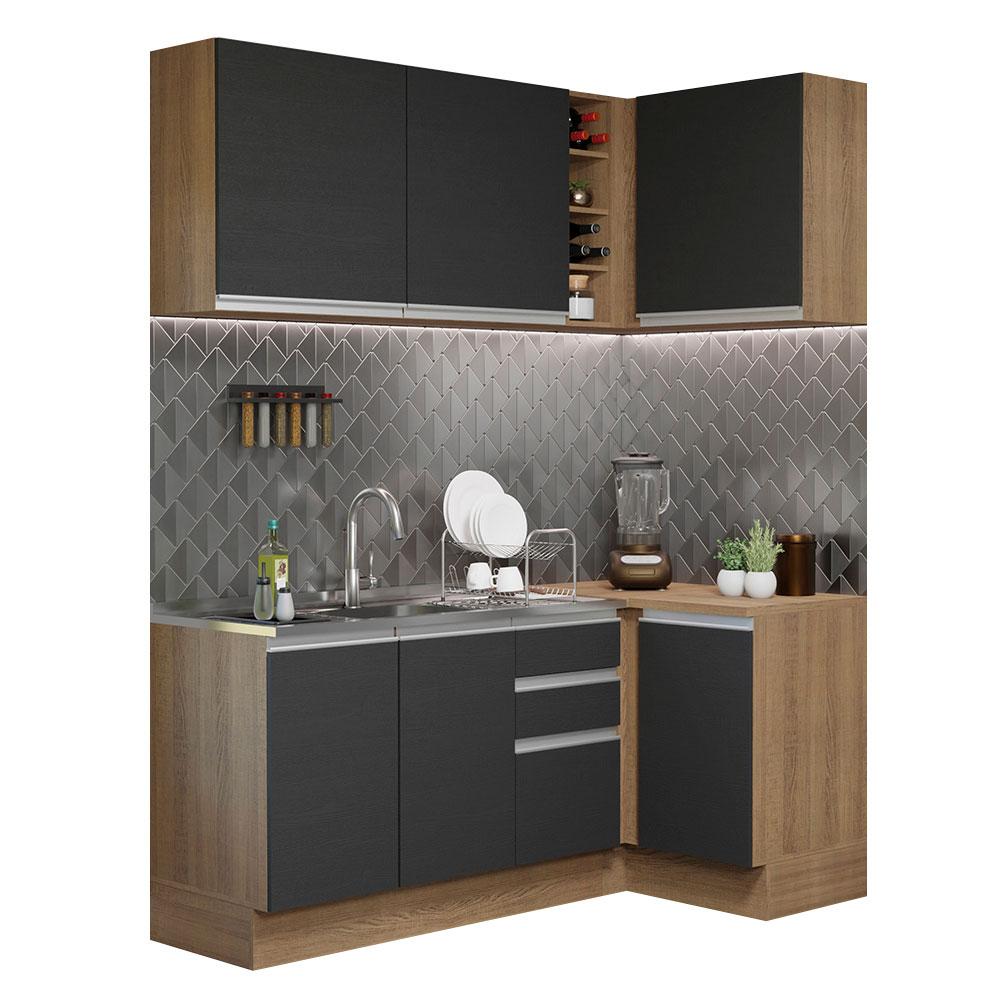 Cozinha Completa de Canto Madesa Glamy 269001 com Armário e Balcão (Sem Tampo e Pia) - Rustic/Preto