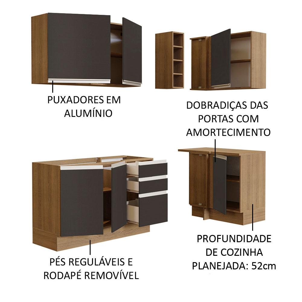 Cozinha Completa de Canto Madesa Glamy 269001 com Armário e Balcão (Sem Tampo e Pia) - Rustic/Preto