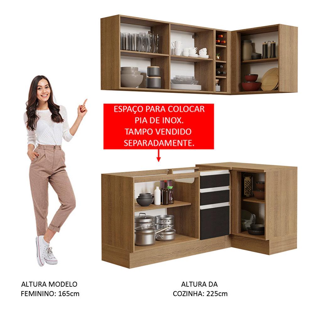 Cozinha Completa de Canto Madesa Glamy 269001 com Armário e Balcão (Sem Tampo e Pia) - Rustic/Preto