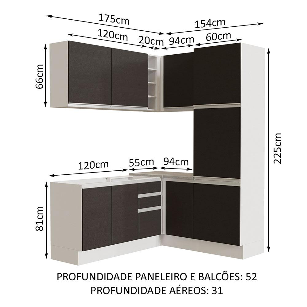 Cozinha Completa de Canto Madesa Glamy 329001 com Armário e Balcão (Sem Tampo e Pia) - Branco/Preto