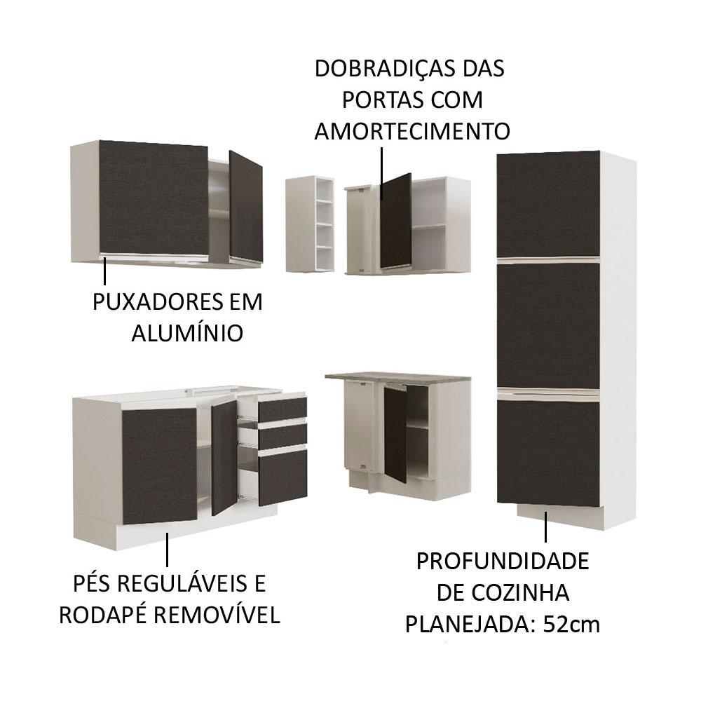 Cozinha Completa de Canto Madesa Glamy 329001 com Armário e Balcão (Sem Tampo e Pia) - Branco/Preto
