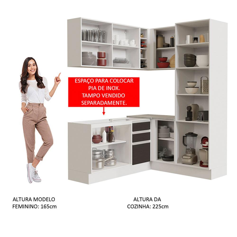 Cozinha Completa de Canto Madesa Glamy 329001 com Armário e Balcão (Sem Tampo e Pia) - Branco/Preto
