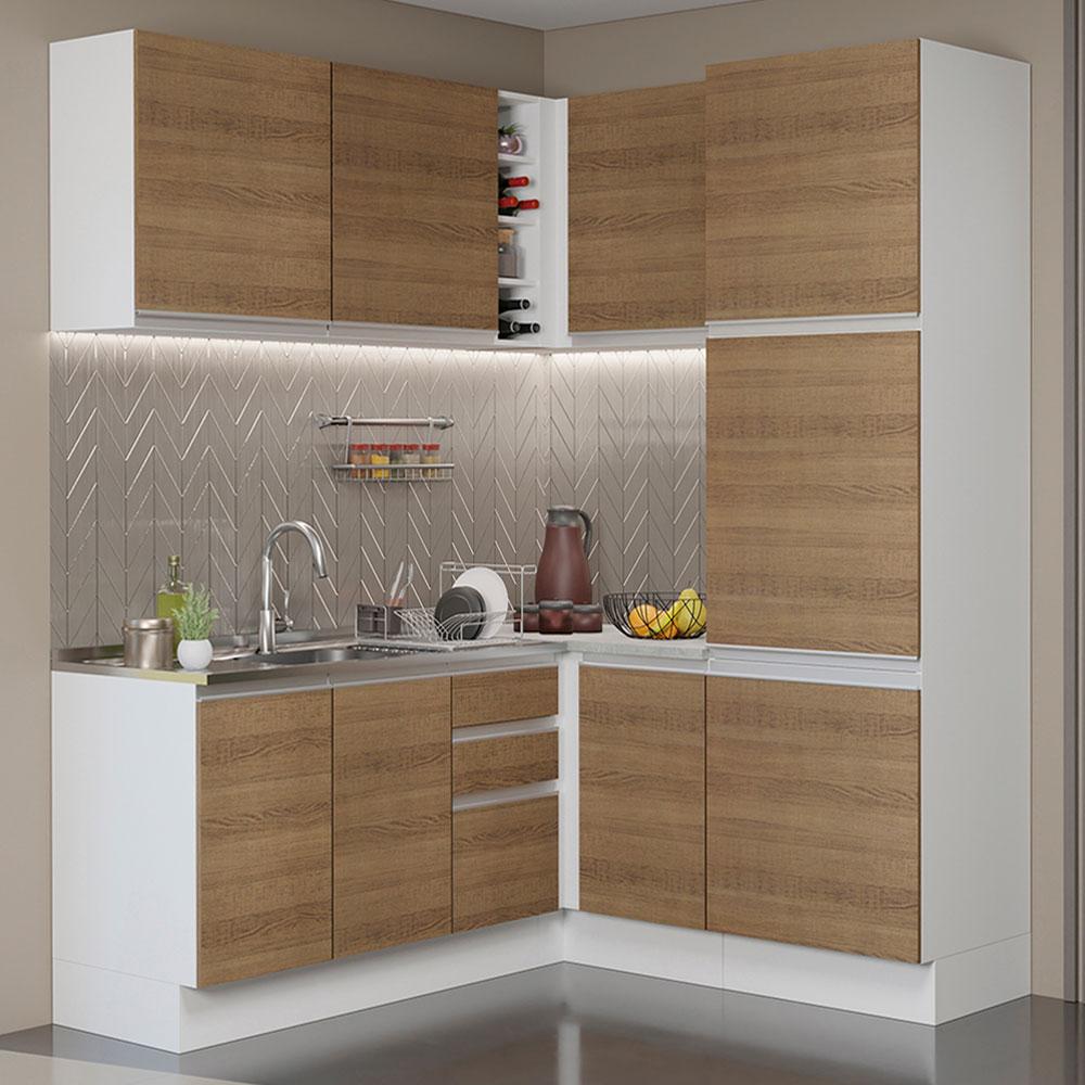Cozinha Completa de Canto Madesa Glamy 329001 com Armário e Balcão (Sem Tampo e Pia) - Branco/Rustic