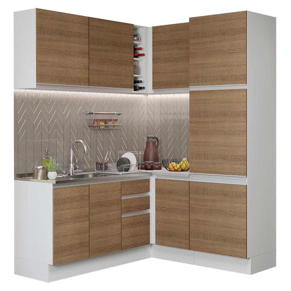 Cozinha Completa de Canto Madesa Glamy 329001 com Armário e Balcão (Sem Tampo e Pia) - Branco/Rustic