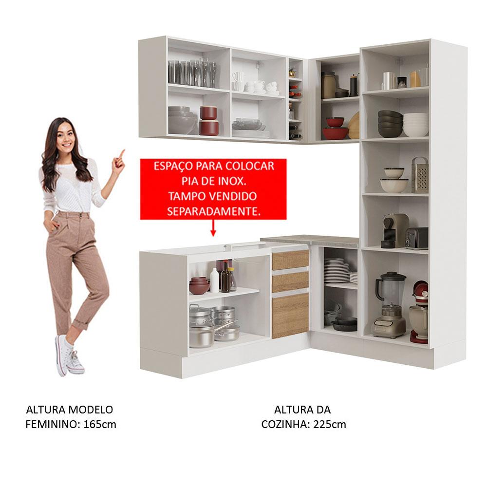 Cozinha Completa de Canto Madesa Glamy 329001 com Armário e Balcão (Sem Tampo e Pia) - Branco/Rustic