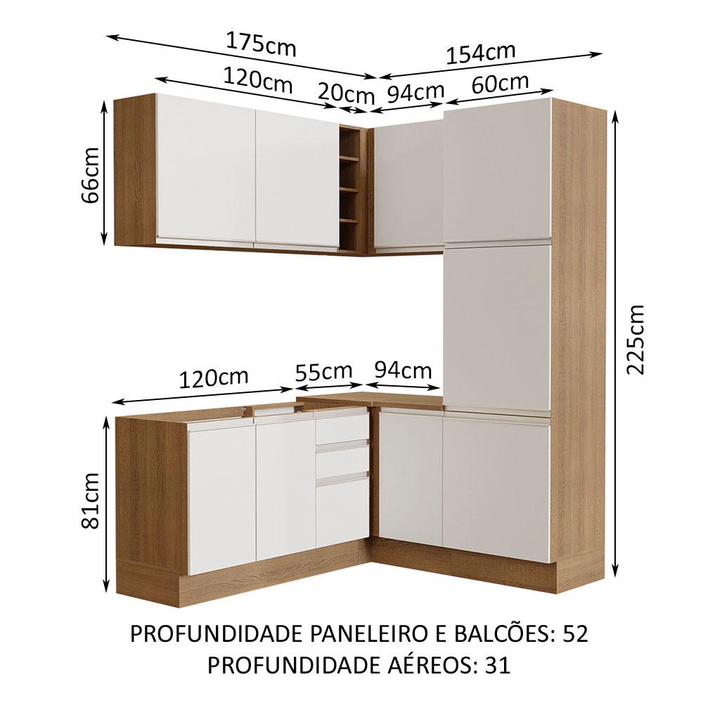 Cozinha Completa de Canto Madesa Glamy 329001 com Armário e Balcão (Sem Tampo e Pia) - Rustic/Branco