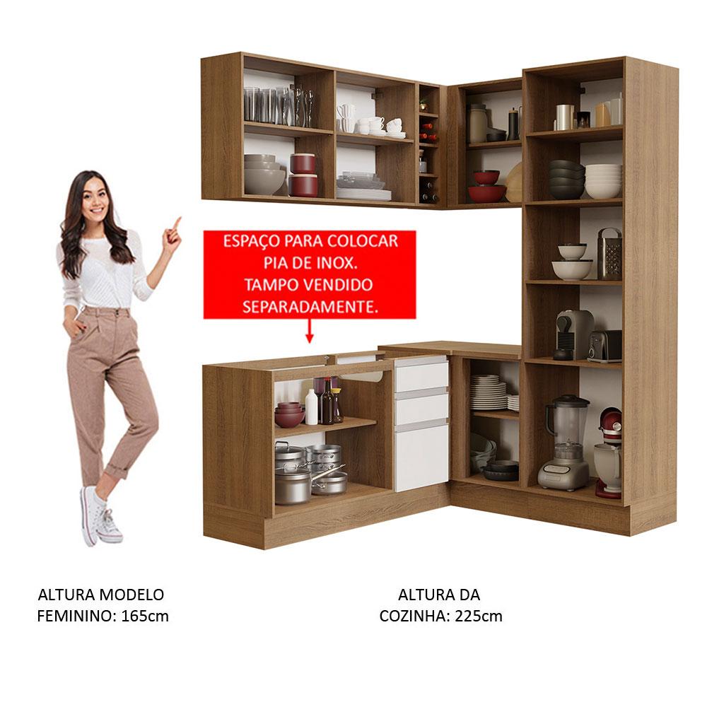 Cozinha Completa de Canto Madesa Glamy 329001 com Armário e Balcão (Sem Tampo e Pia) - Rustic/Branco