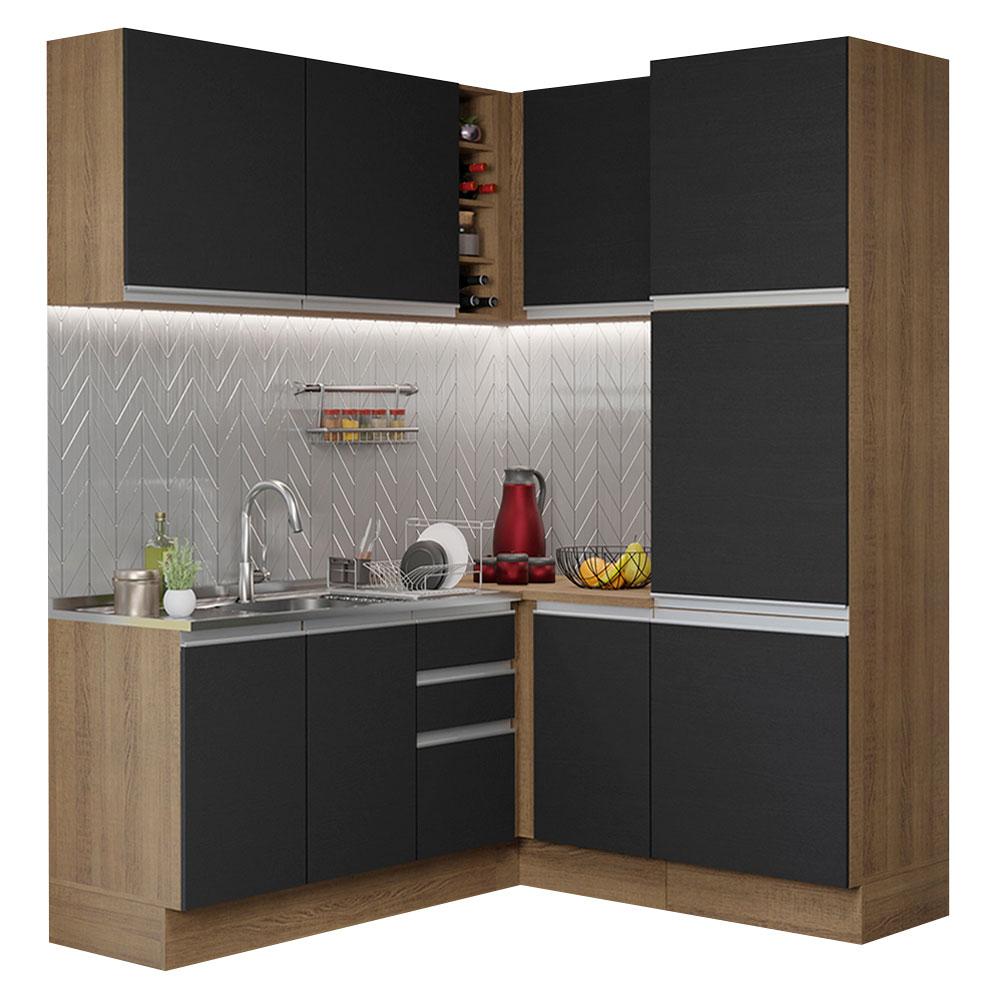 Cozinha Completa de Canto Madesa Glamy 329001 com Armário e Balcão (Sem Tampo e Pia) - Rustic/Preto