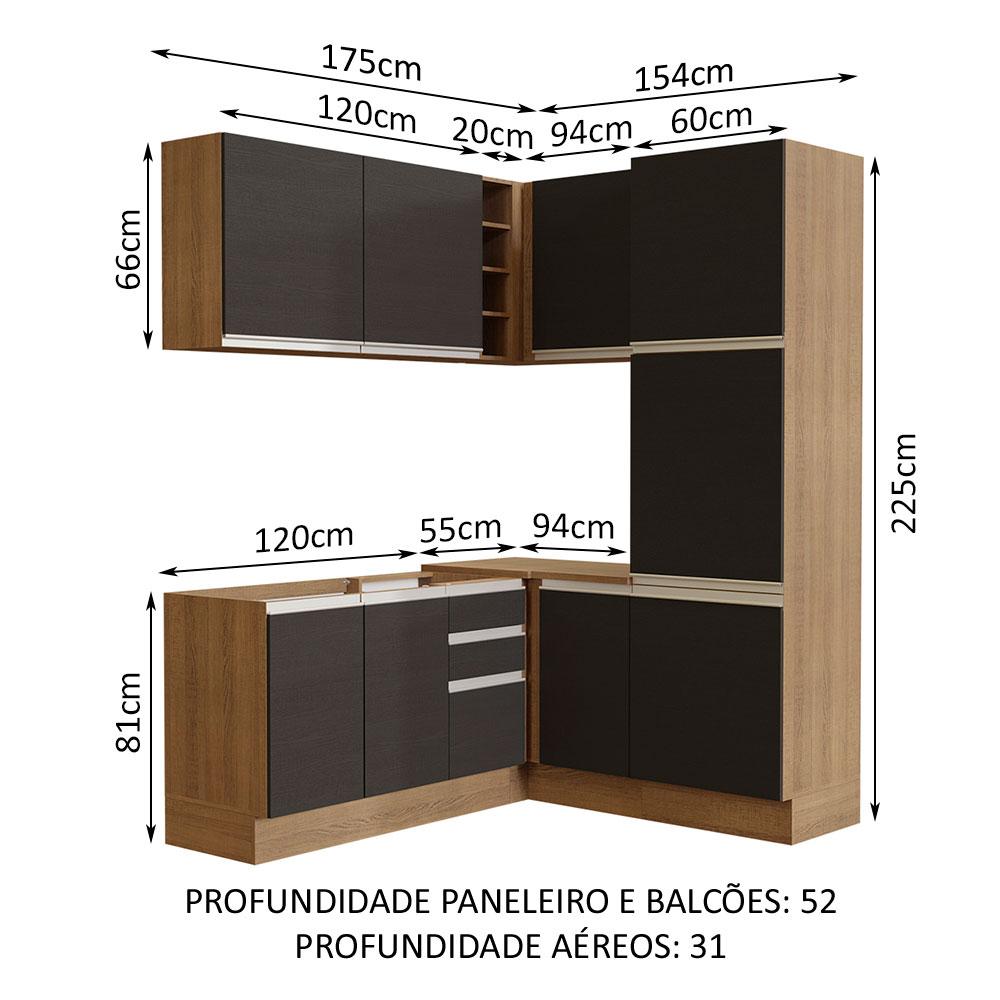 Cozinha Completa de Canto Madesa Glamy 329001 com Armário e Balcão (Sem Tampo e Pia) - Rustic/Preto