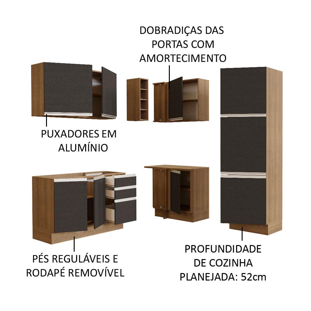 Cozinha Completa de Canto Madesa Glamy 329001 com Armário e Balcão (Sem Tampo e Pia) - Rustic/Preto