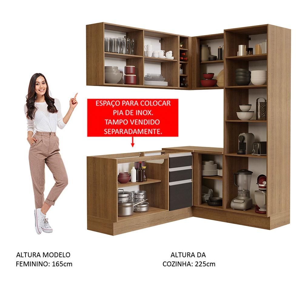 Cozinha Completa de Canto Madesa Glamy 329001 com Armário e Balcão (Sem Tampo e Pia) - Rustic/Preto