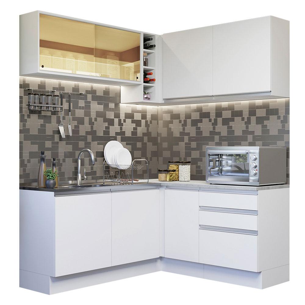 Cozinha Completa de Canto Madesa Glamy 329002 com Armário e Balcão (Sem Tampo e Pia) - Branco